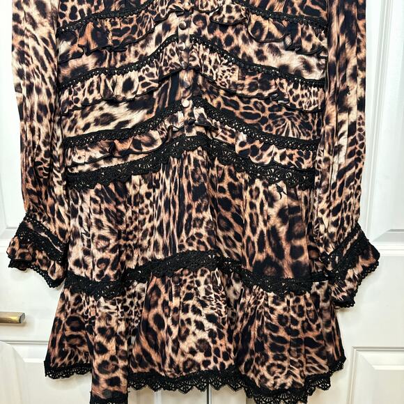 ALLSAINTS - NWT- Zora Evita Lace Trim Printed Dress Leopard Mini | 12 - Picture 12 of 15